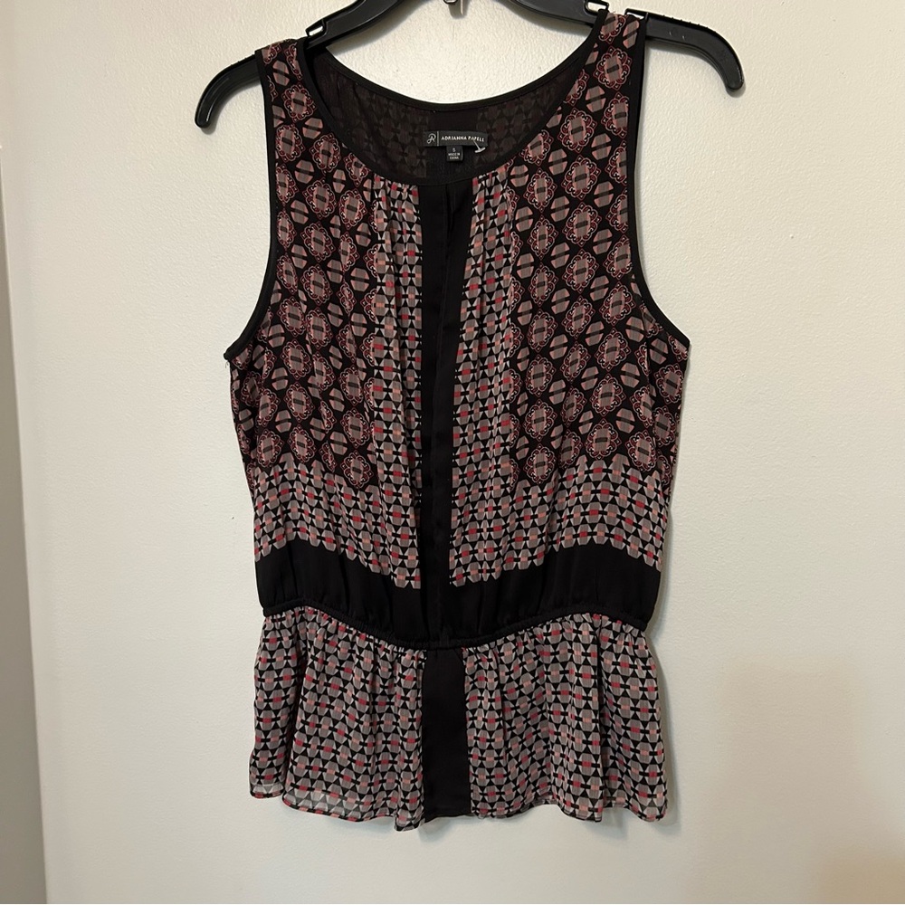 Adrianna Papell Black Gray Red Sheer Work Career Sleeveless Top Blouse‎ Sz Small